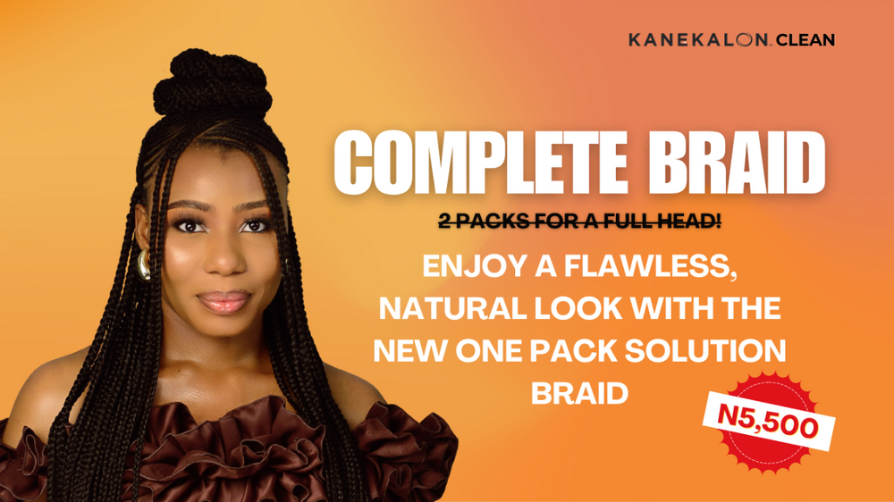 Advertisement for Kanekalon Clean complete braid product with a model and promotional text on an orange background